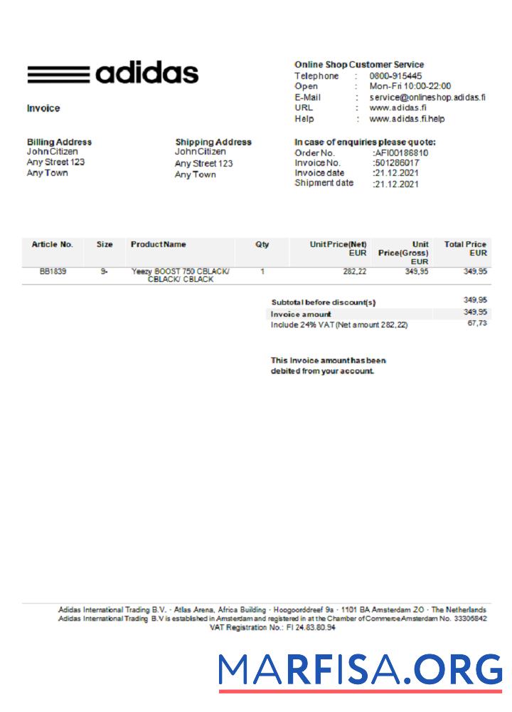 Printable USA Adidas invoice real example